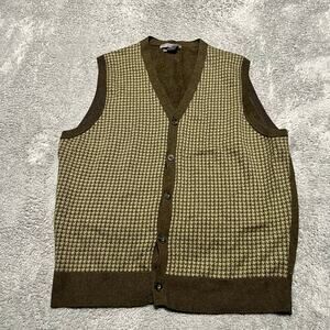 Geoffrey Beene Sweater Vest Mens XL Green Green Houndstooth Grandpa Button